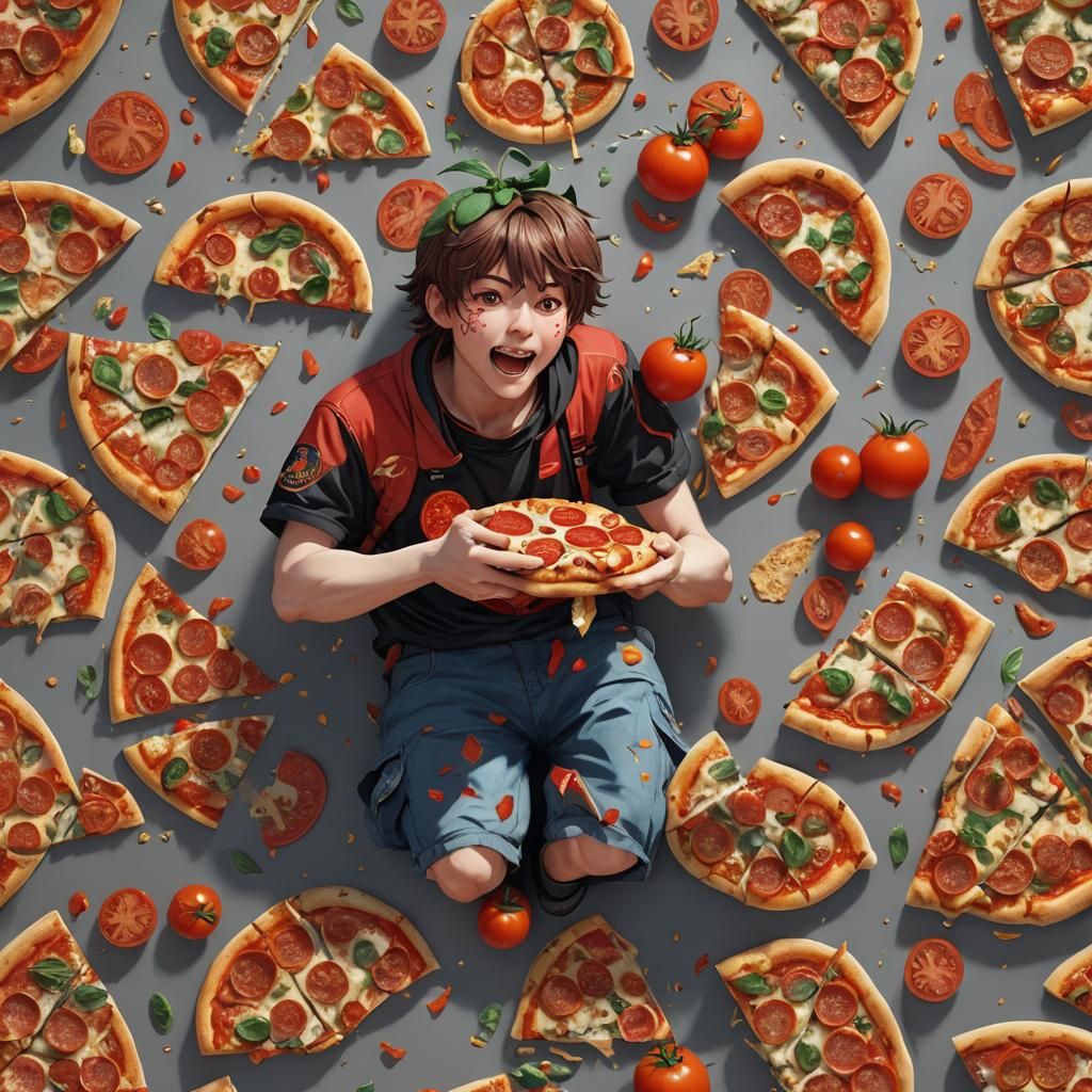 Tomato with Face Eating Pizza: 3D Anime Art