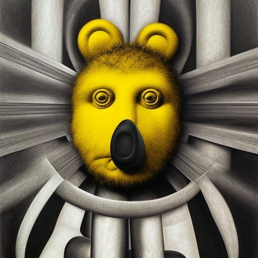 Industrial Muppet Bear Shadow: Surreal Charcoal Kintsugi Art