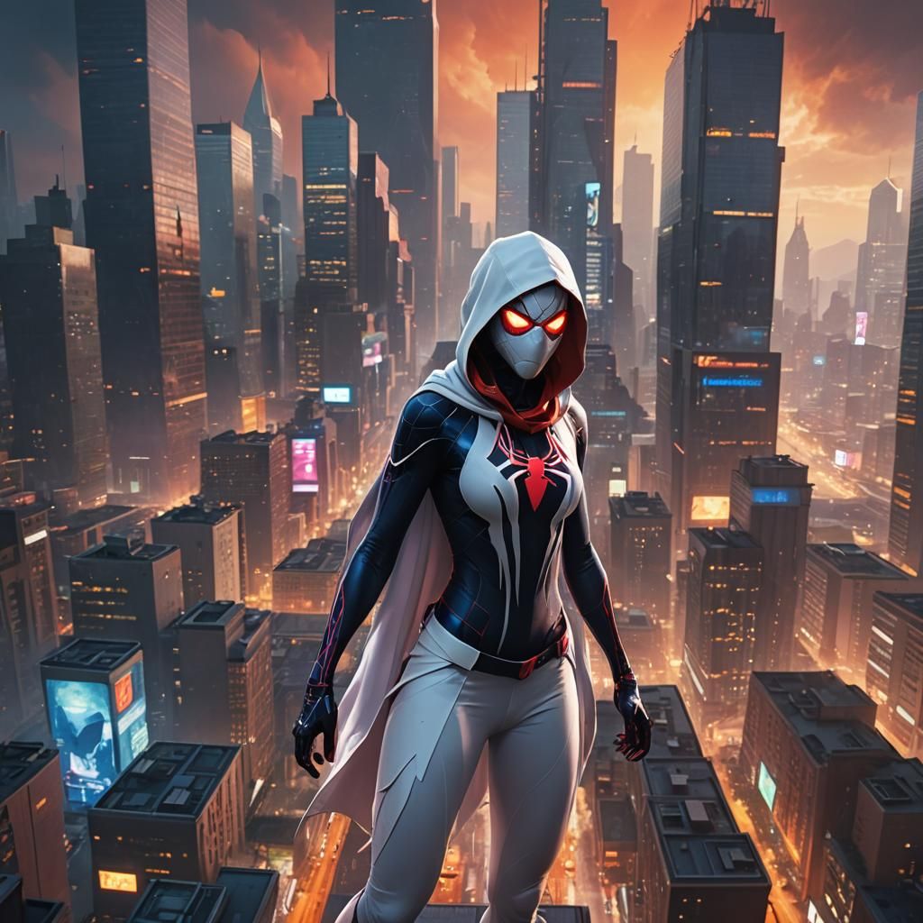 Giant Spider Gwen in Fantasy Cityscape