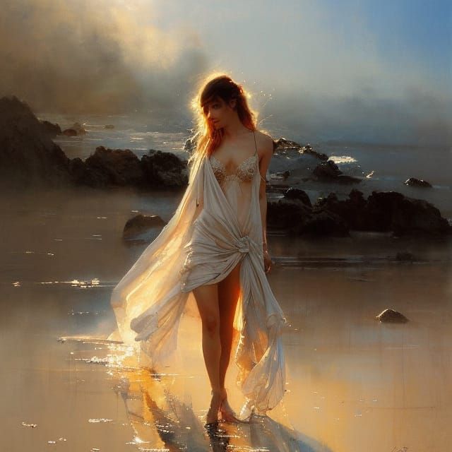 Woman with Tattoo Strolling on Beach at Sunset