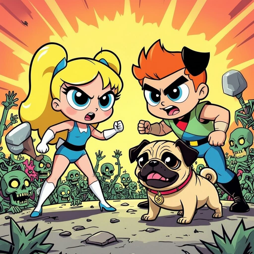 Powerpuff Girl Bubbles Fights Zombies with Bam Bam and Pugs