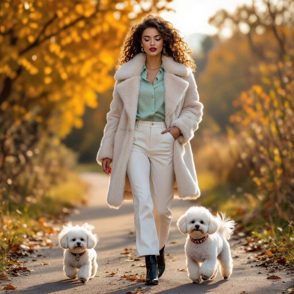 Autumn Scene Young Woman Dancing With Bichon Dog