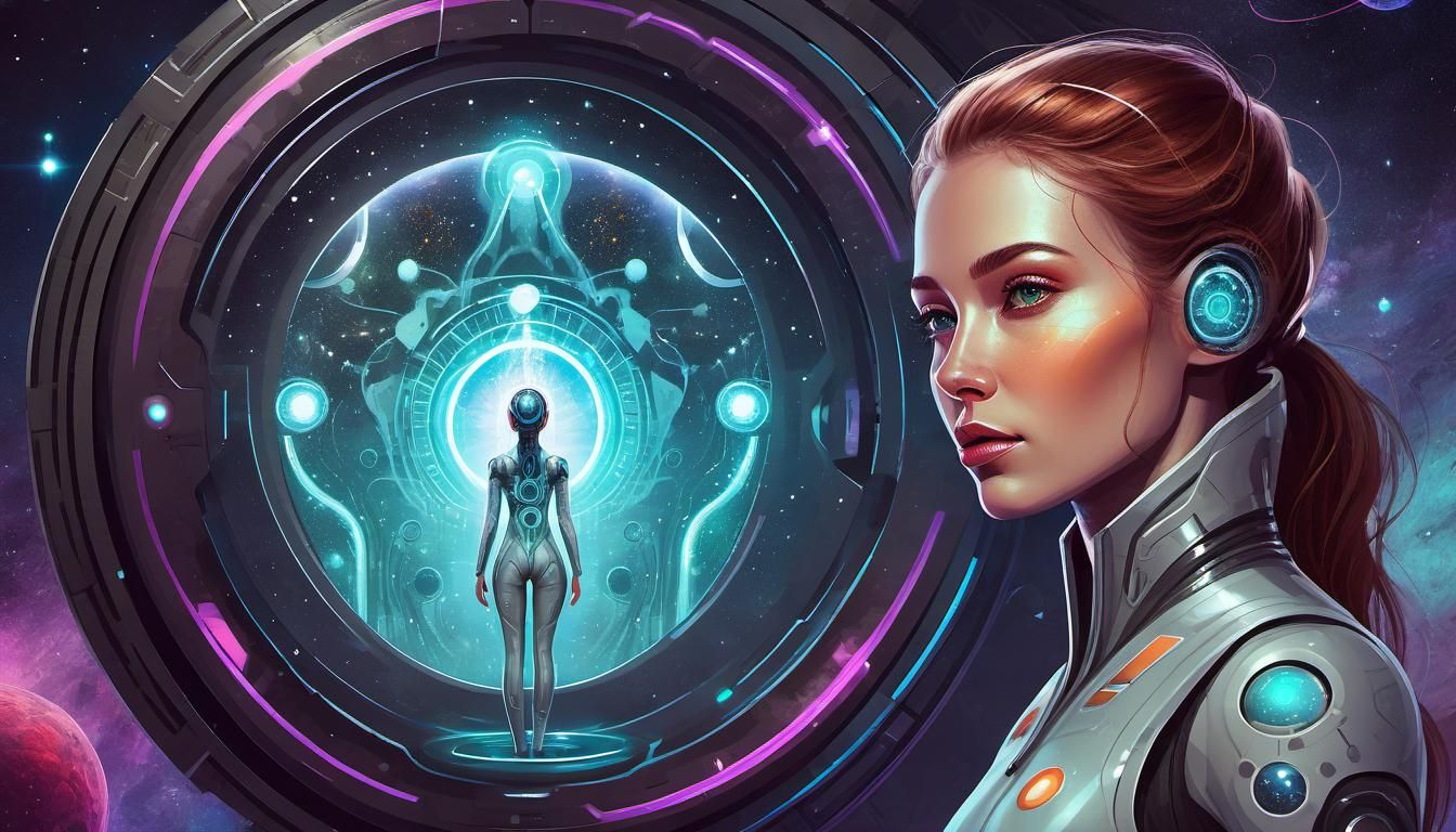 Android Woman in Lab with Cosmic Portal