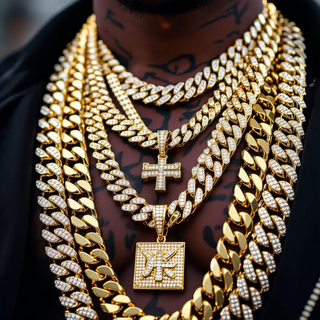 Gleaming Gold Chains on Rapper's Chest