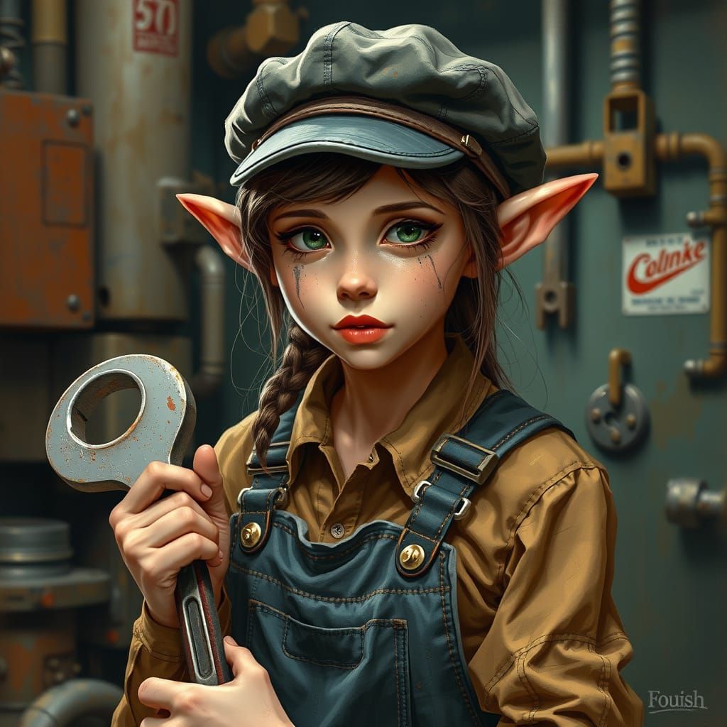 Elf Mechanic in Industrial Setting, Retro-Futuristic Illustr...