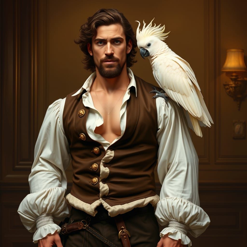 Dashing 17th-Century Gentleman with Sulphur-Crested Cockatoo
