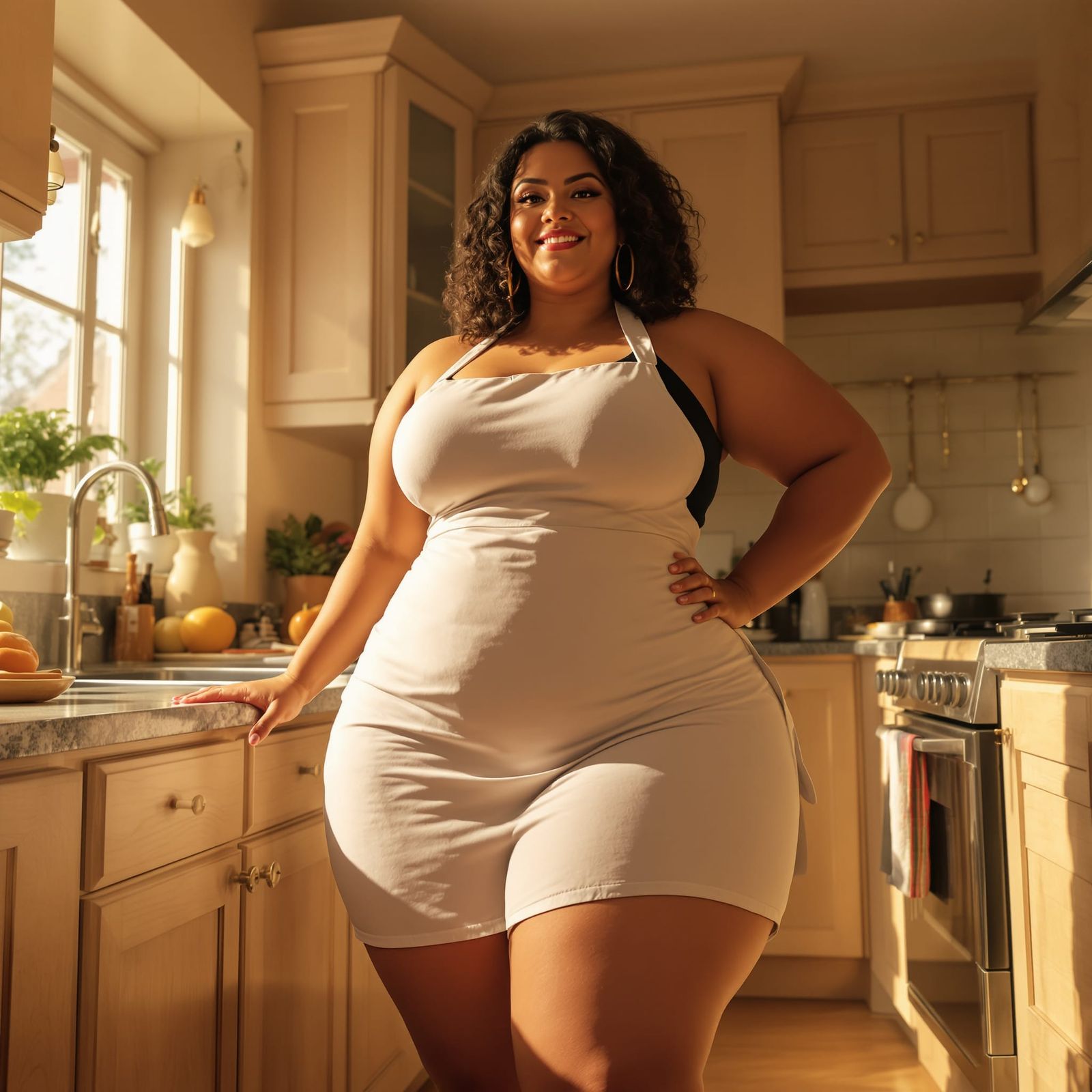 Curvy Chef in Apron, Romantic Kitchen Lighting