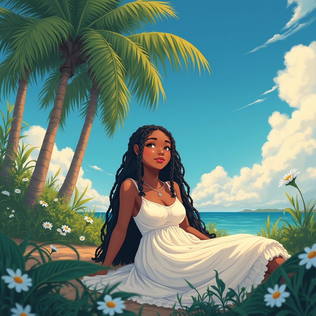 Anime-Inspired Portrait of a Serene Black Woman in a Tropica...