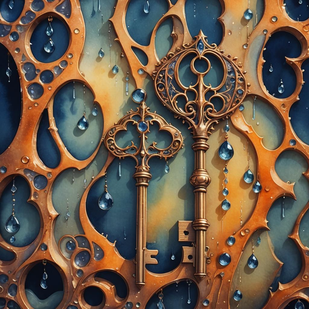Dew Drops on Gothic Key: Surreal Watercolor Dream