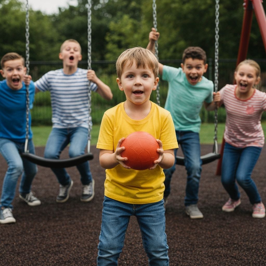 Boy Playing Ball in Playground, Friends Cheer in Portrait St...