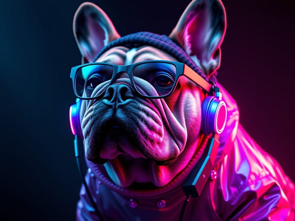 Cyberpunk Bulldog in Neon Headphones