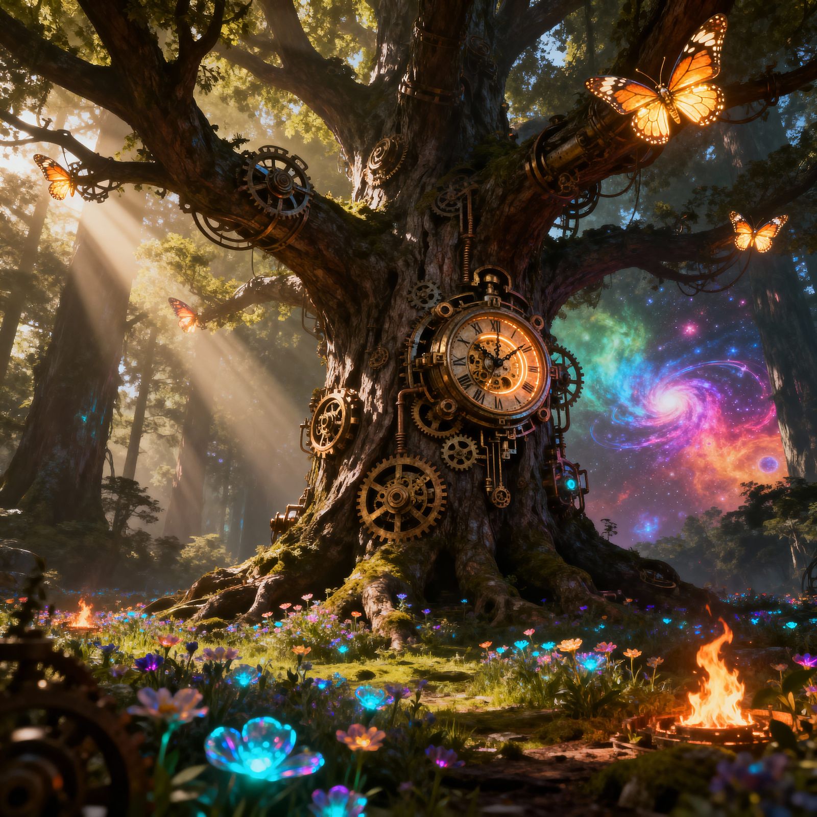 Steampunk Ancient Tree With Clockwork Mechanisms