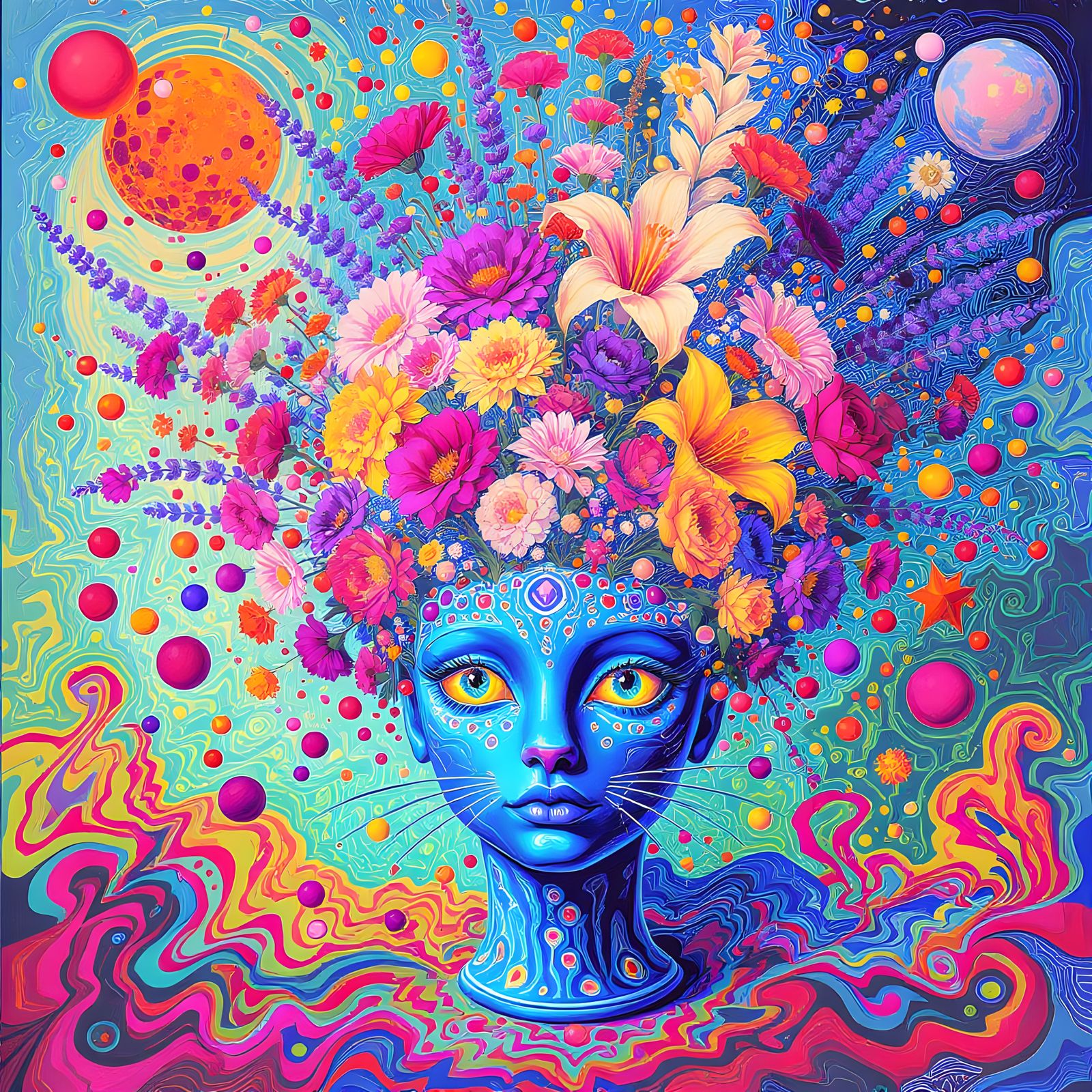 Exploding Cat Vase with Flowers, Klimt and Kusama Style