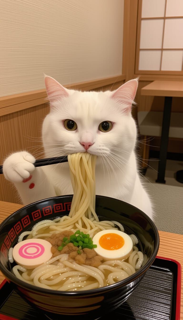 Lucky White Cat Enjoys A Bowl Of Ramen