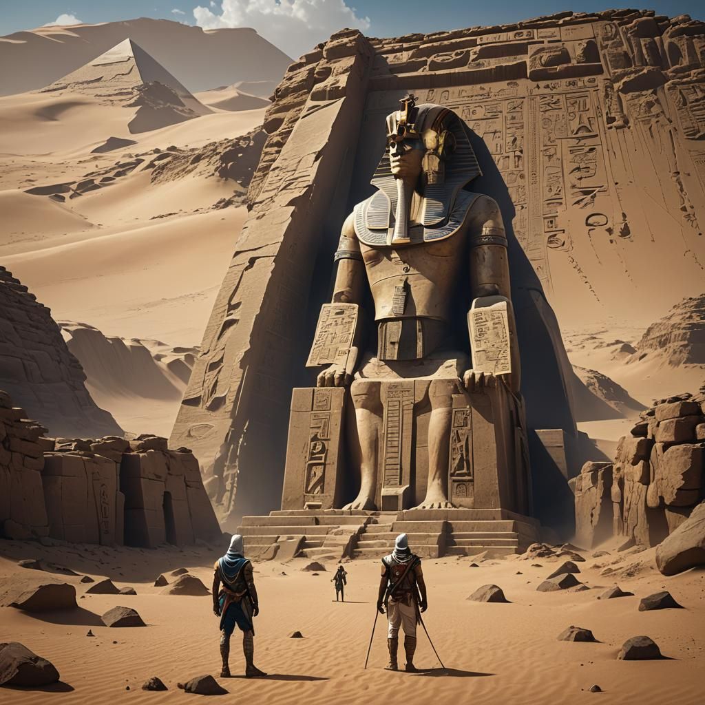 Explorer Encounters Broken Pharaoh Statue in Desert