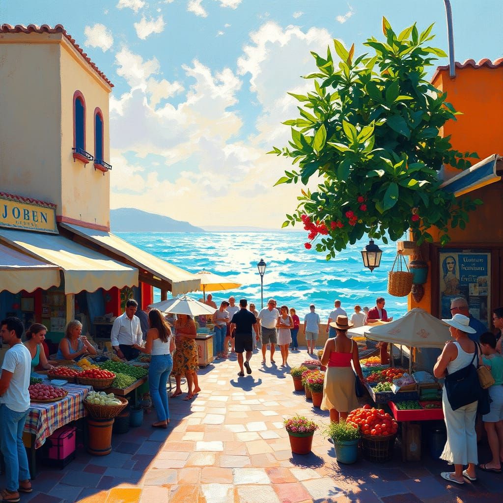 Vibrant Mediterranean Market Scene in Impressionist Style