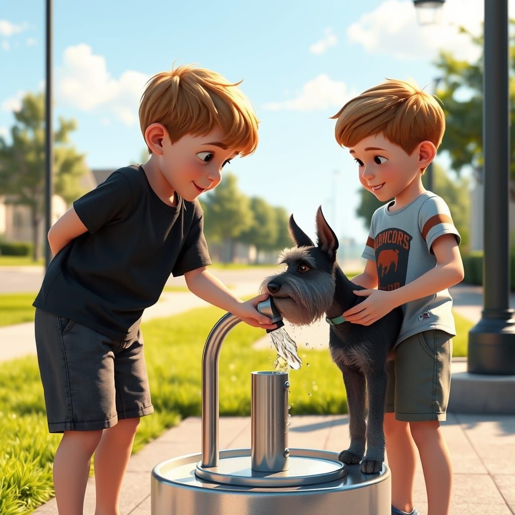 Boys Help Schnauzer Drink: Pixar-Style 3D Illustration