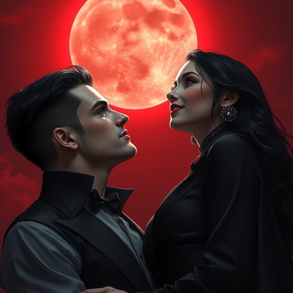 Vampire Couple Under Crimson Moonlight