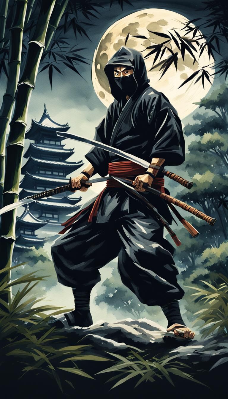 Japanese Ninjas Ready for Night Fight, Watercolor Style