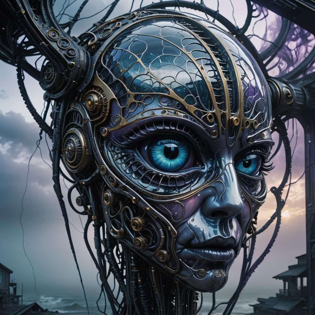 Biomechanical Surrealism: Glass Eye in Fog, Giger-Inspired
