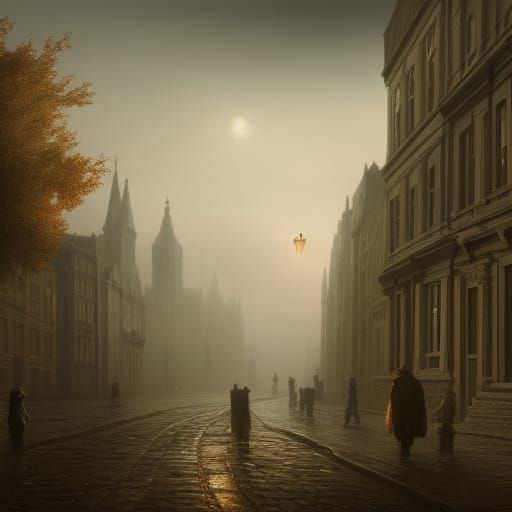Misty London Street at Dawn: Hyperdetailed Matte Painting