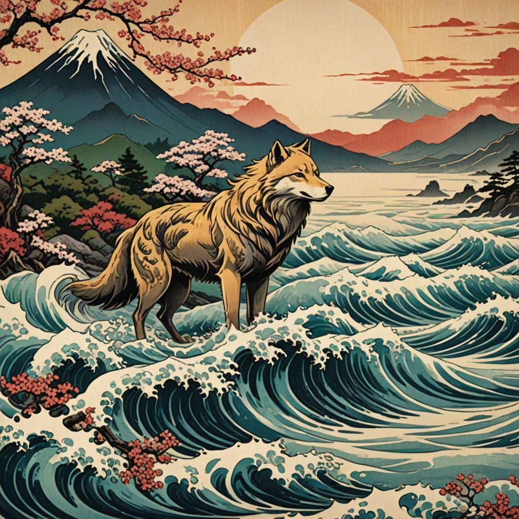 Surreal Uki-e Style Shewolf Stands on Beach with Mount Fuji