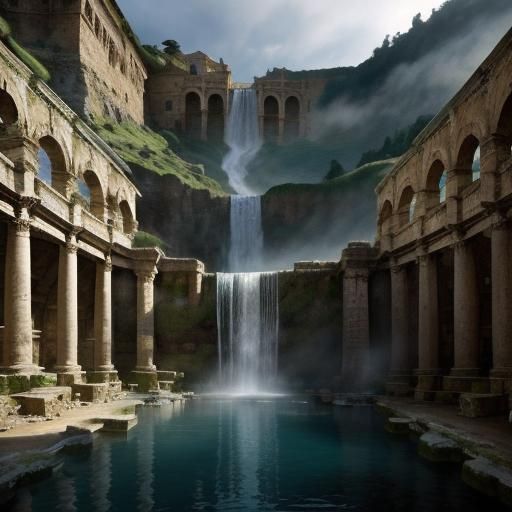Roman Bathhouse Waterfall: Epic Digital Matte Painting