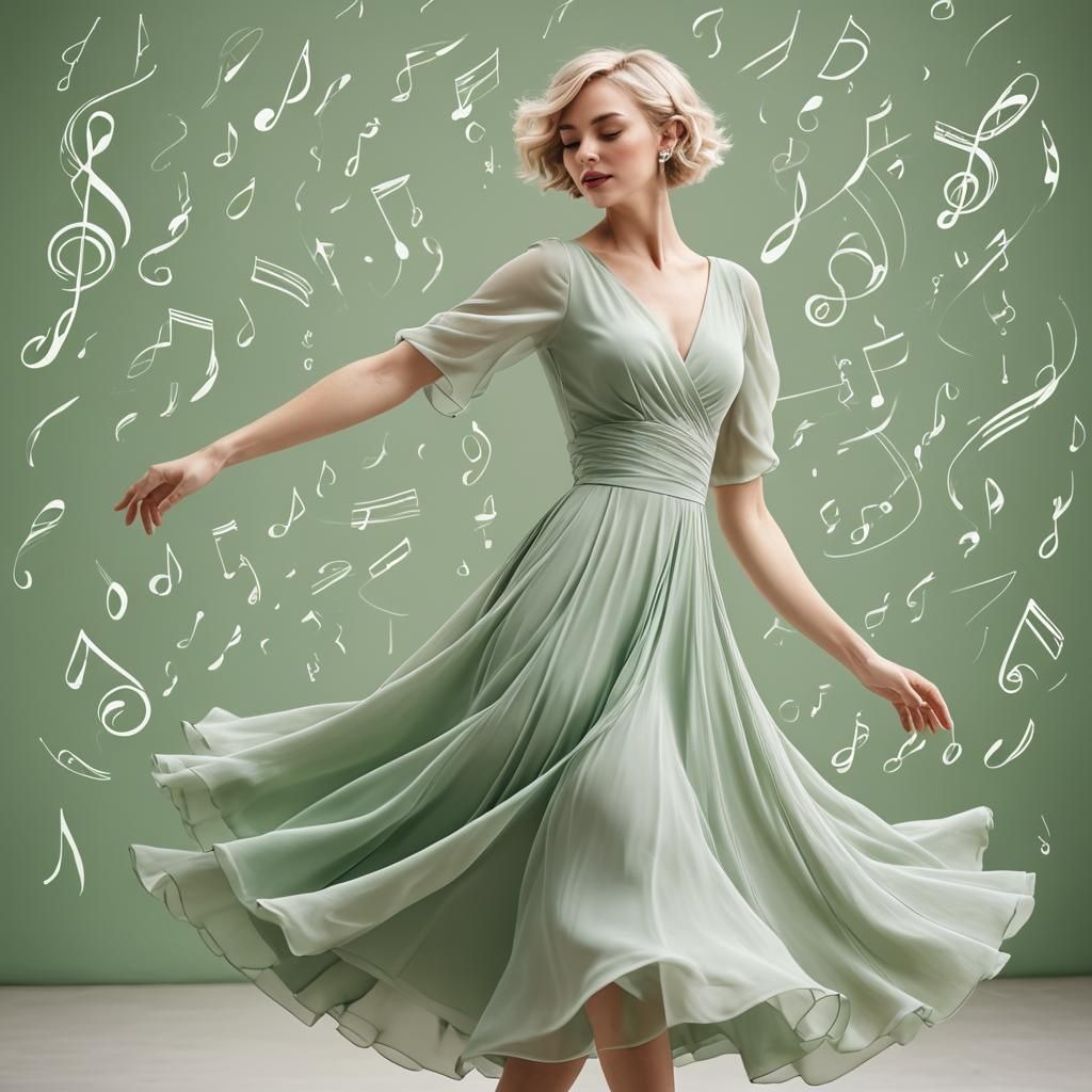 Dancing Woman in Green Dress with Music Notes