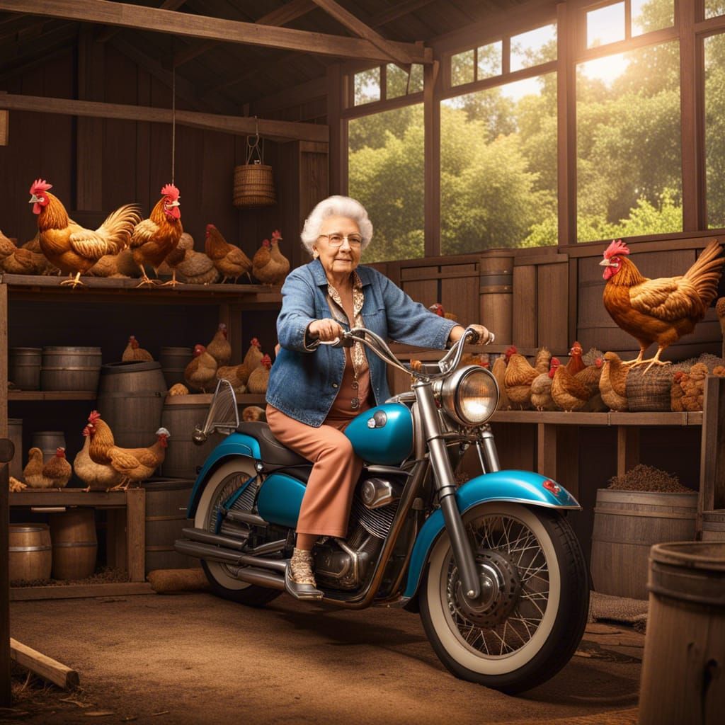 Meine Oma fährt im Hühnerstall Motorrad ...