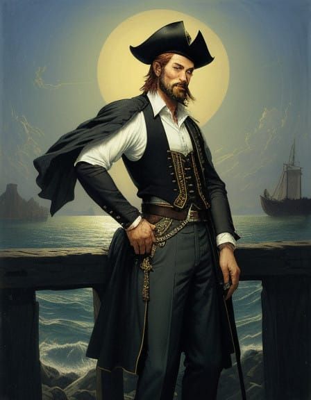 Pirate Boy Contemplates the Horizon from a Pirate Galleon's...