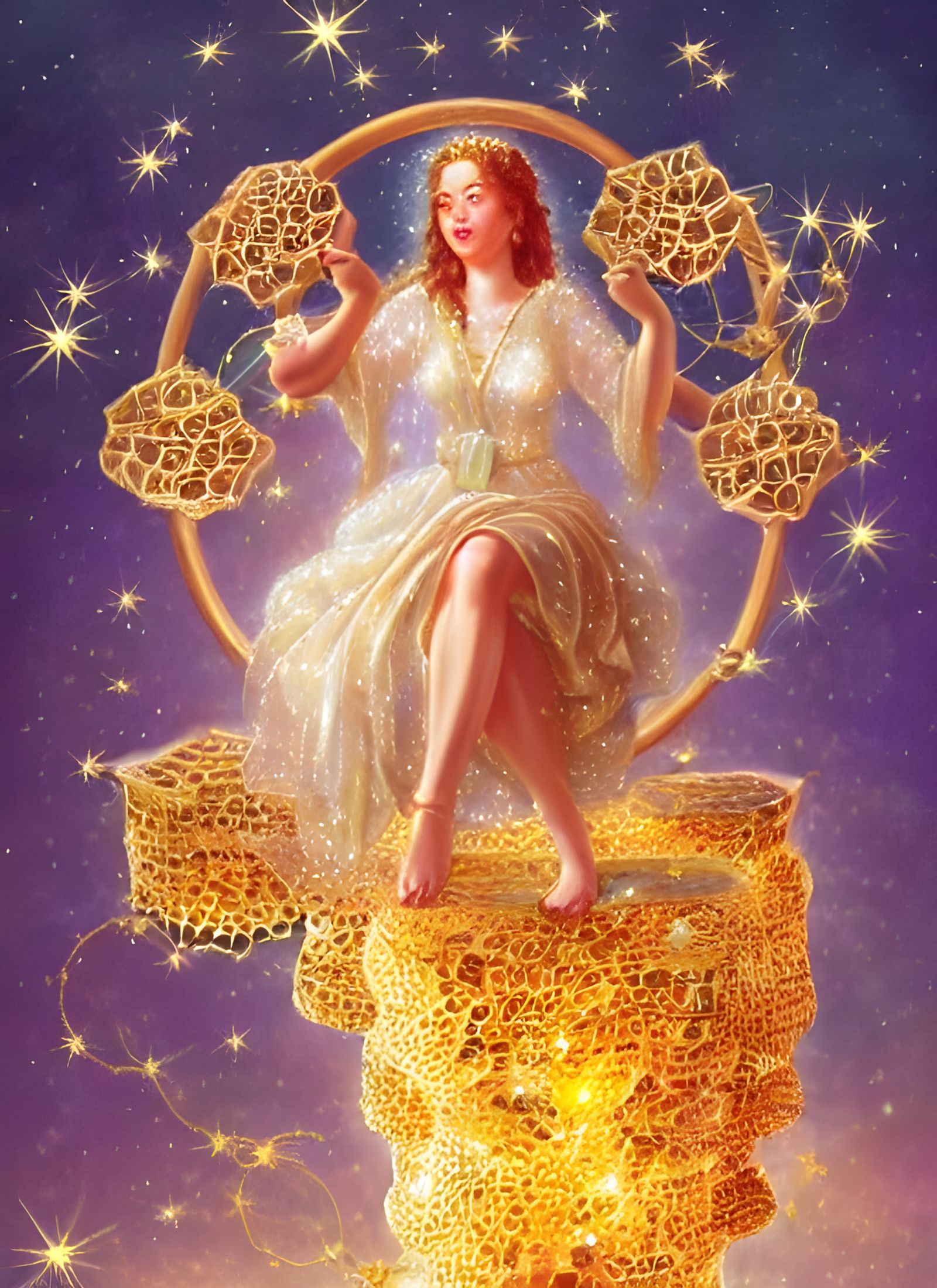 Honeycomb Goddess on Crystalline Swing: Fantasy Art