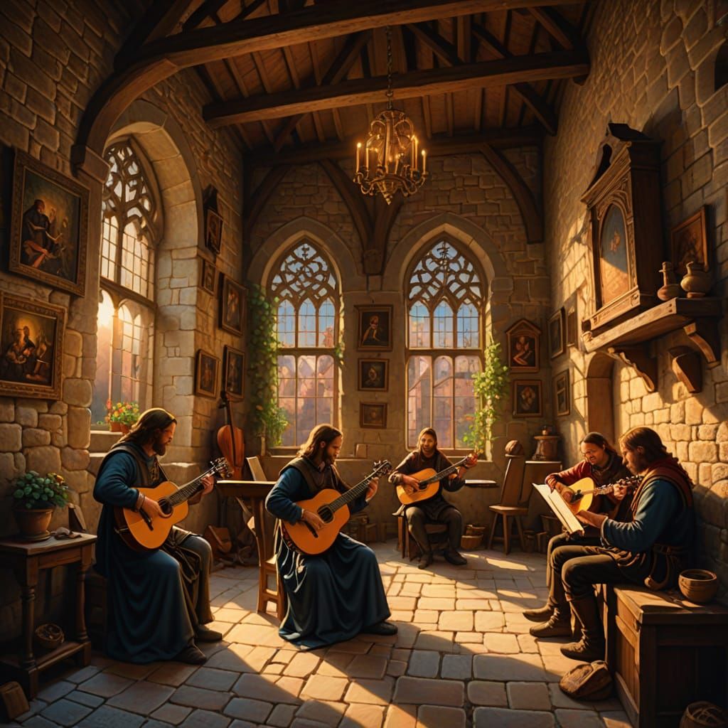 Medieval Musicians in a Sunlit Room, Warm Oil Painting