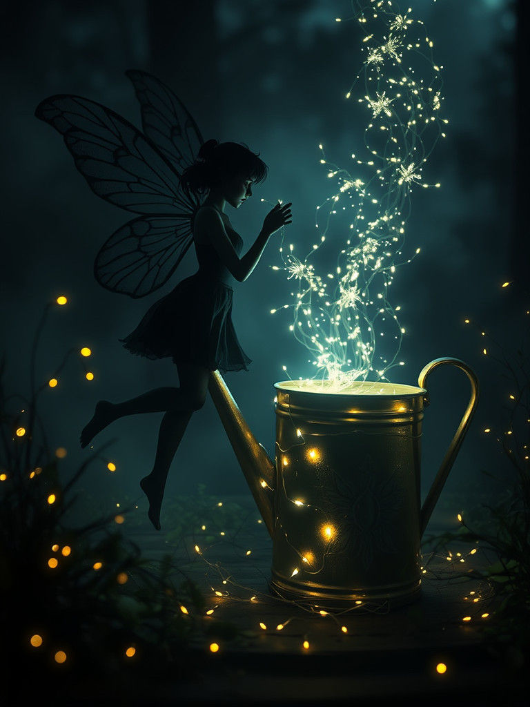 Silhouette Fairy Pouring Light in Dreamlike Scene