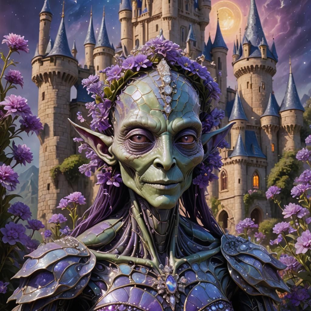 Alien Portrait Beside Diamond Castle: Surreal Impasto Oil Pa...