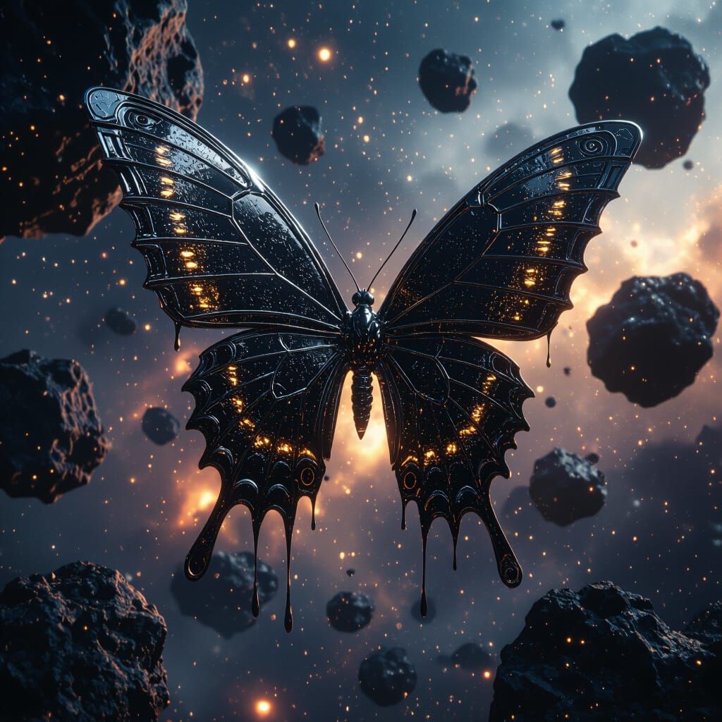 Chrome Biomechanical Butterfly in Dark Sci-Fi Scene