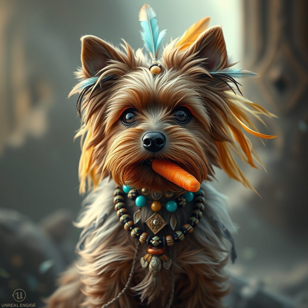 Mystical Brown Dog Sits Amidst Dreamlike Landscape