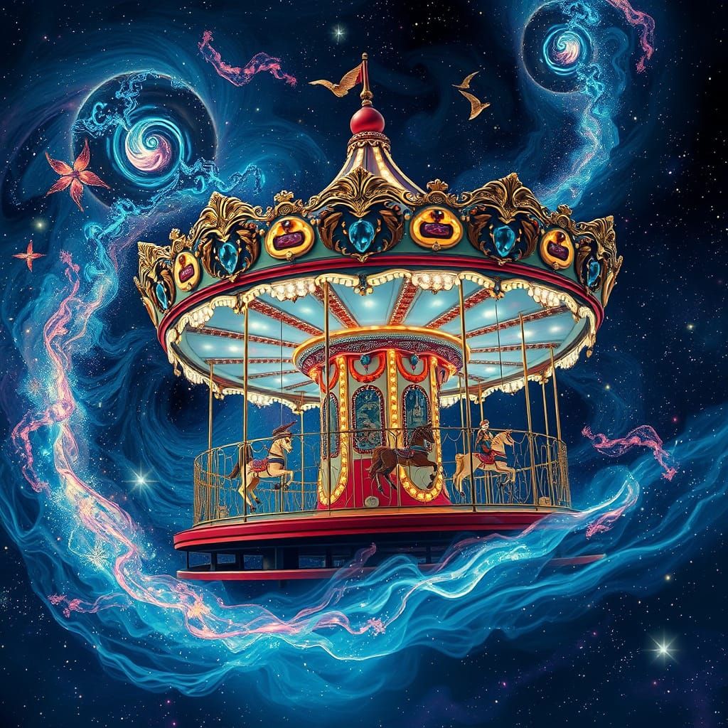 Holographic Astral Carousel Illustration in Vintage Style