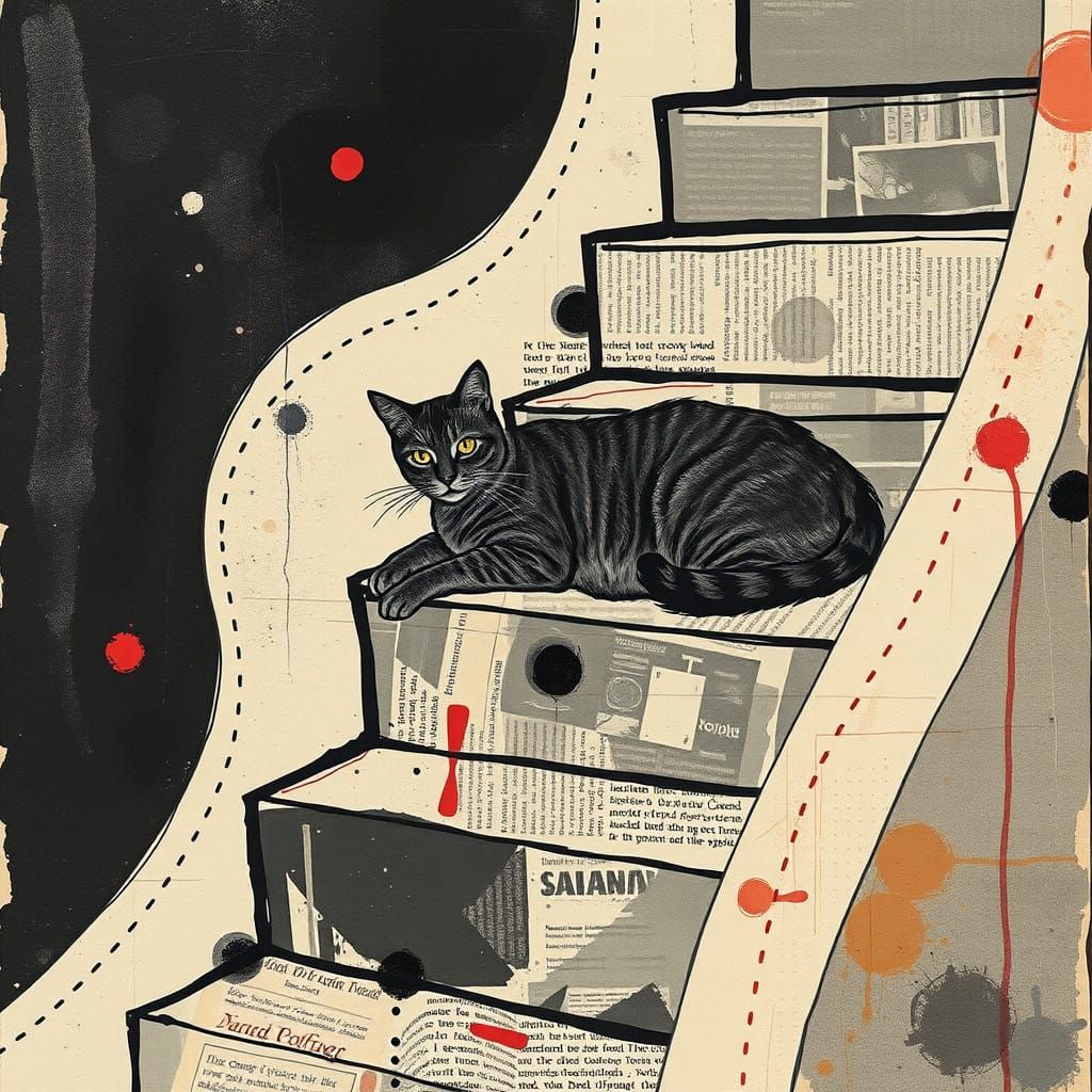 Constructivist Cat on Stairs in Moody Ink Stains