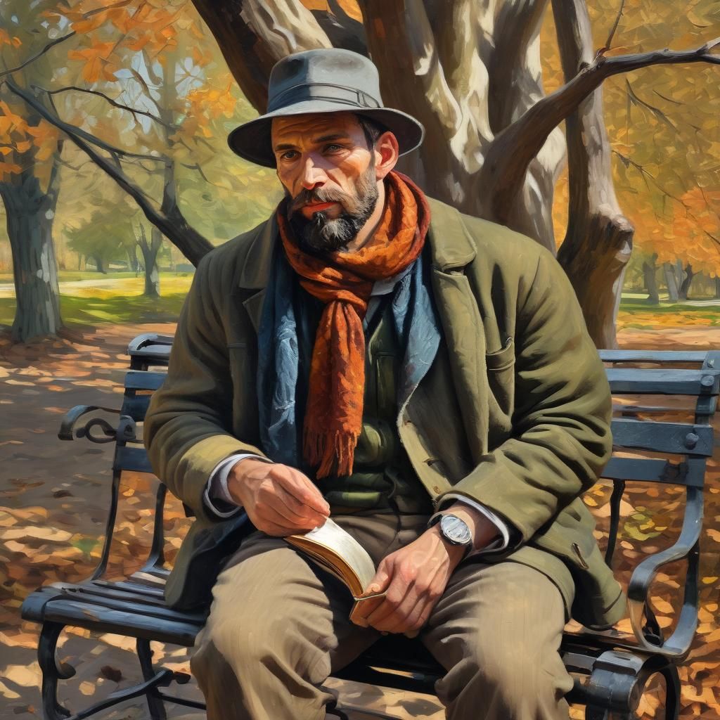Man on Bench in Post-Impressionist Style
