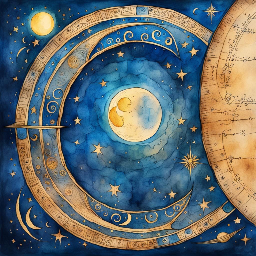 Da Vinci-Style Moon Cycle Drawing on Ancient Papyrus