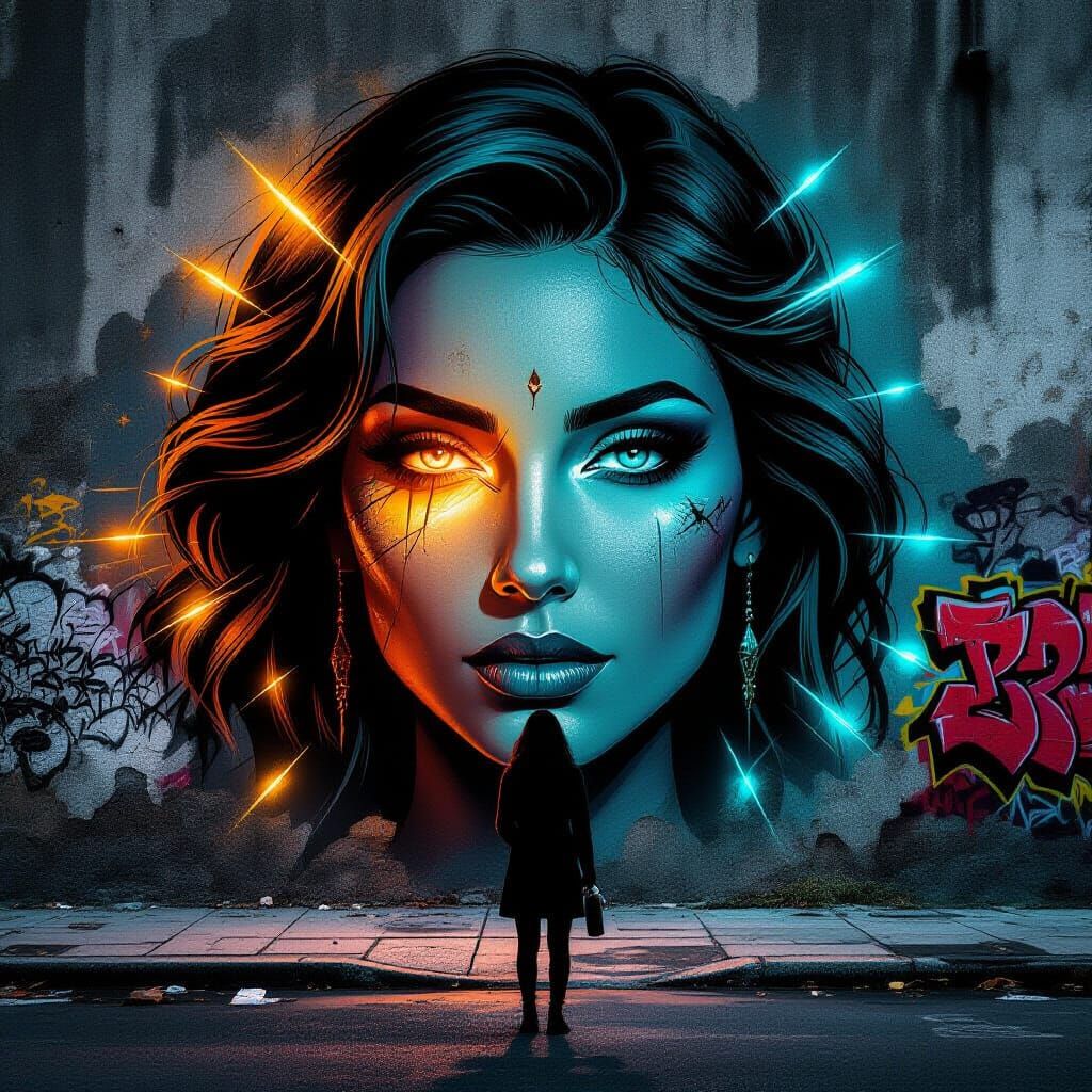 Striking Street Art Portrait in Neo-Noir Style