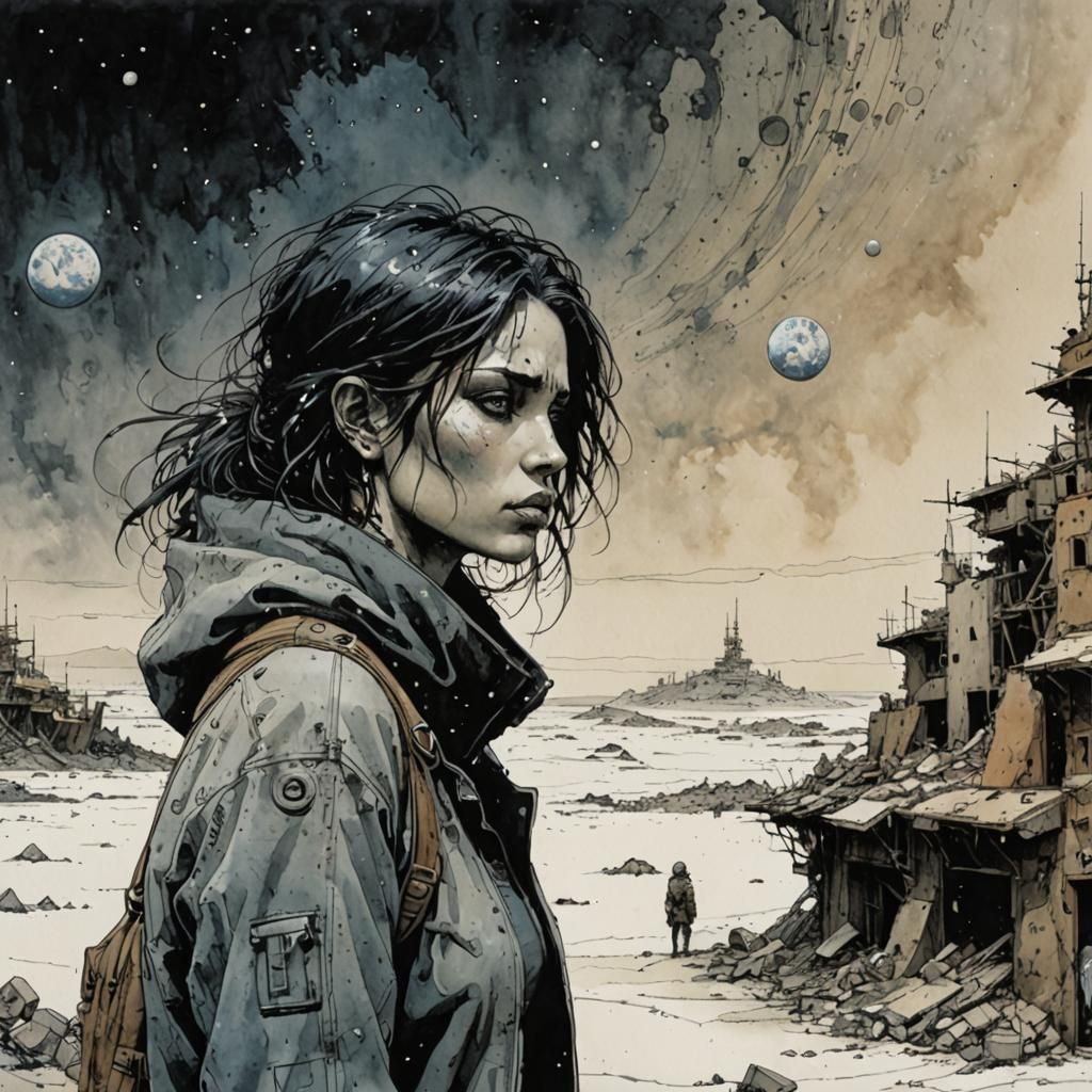 Woman in Space: Pen and Ink Illustration