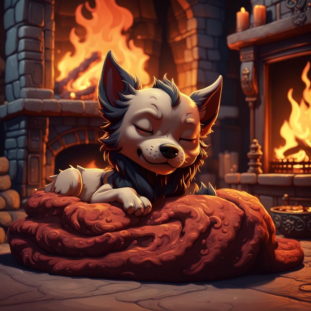 Chibi Hellhound Sleeping by Fireplace