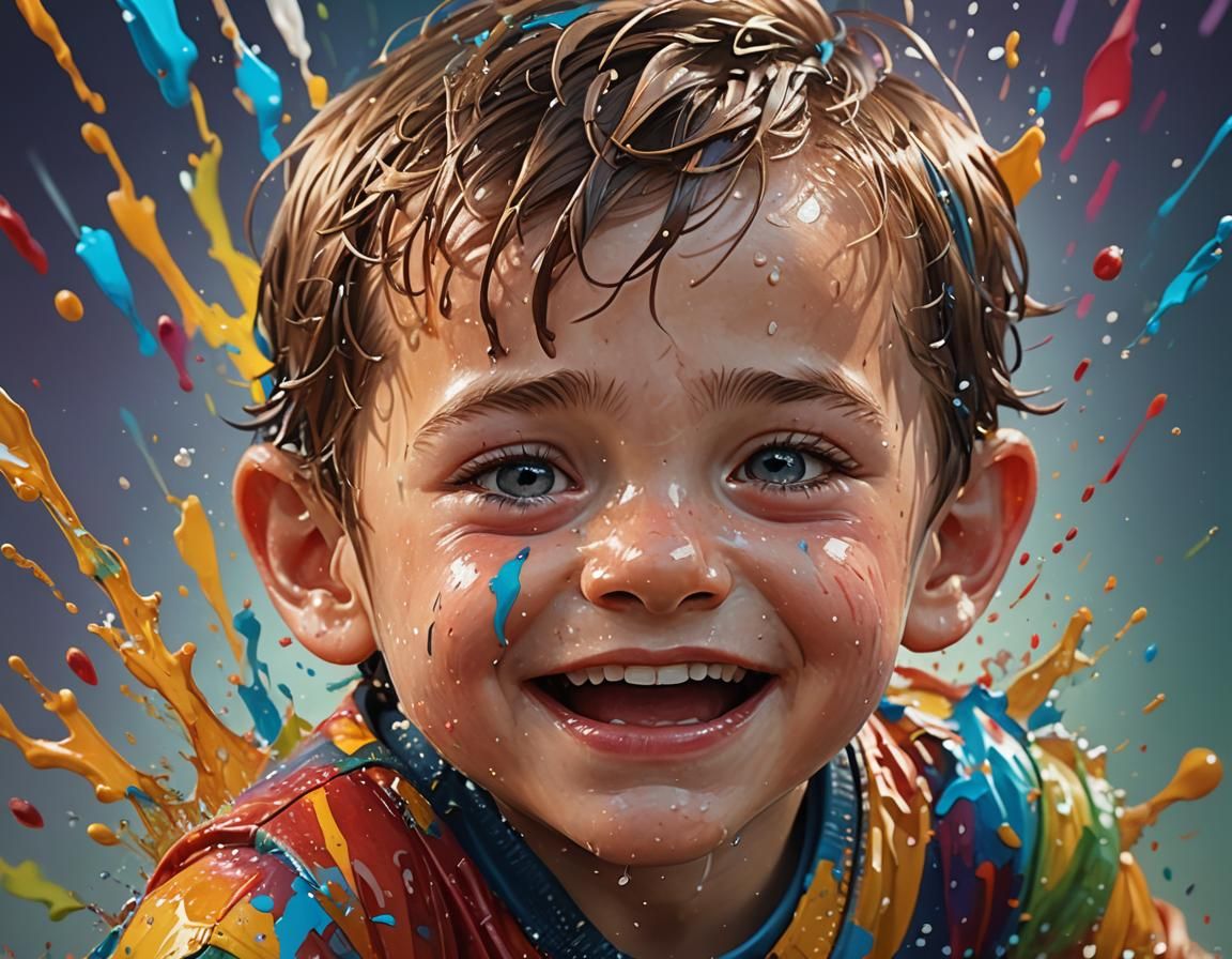 Joyful Boy Portrait in Hyperrealistic Splash Art