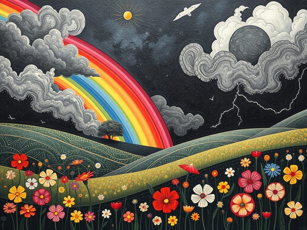 Vibrant Spring Landscape in Whimsical Retrofuturist Style