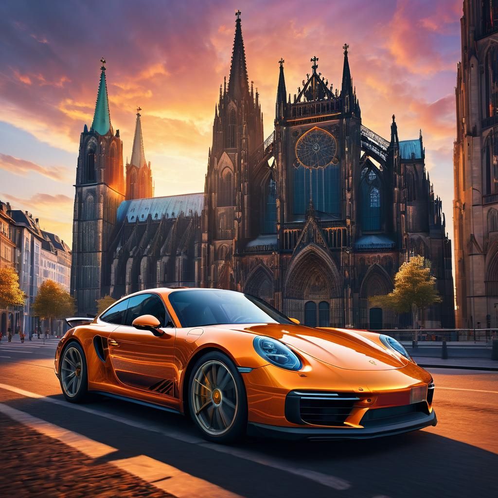 Orange Porsche Drives Past Cologne Cathedral at Sunset