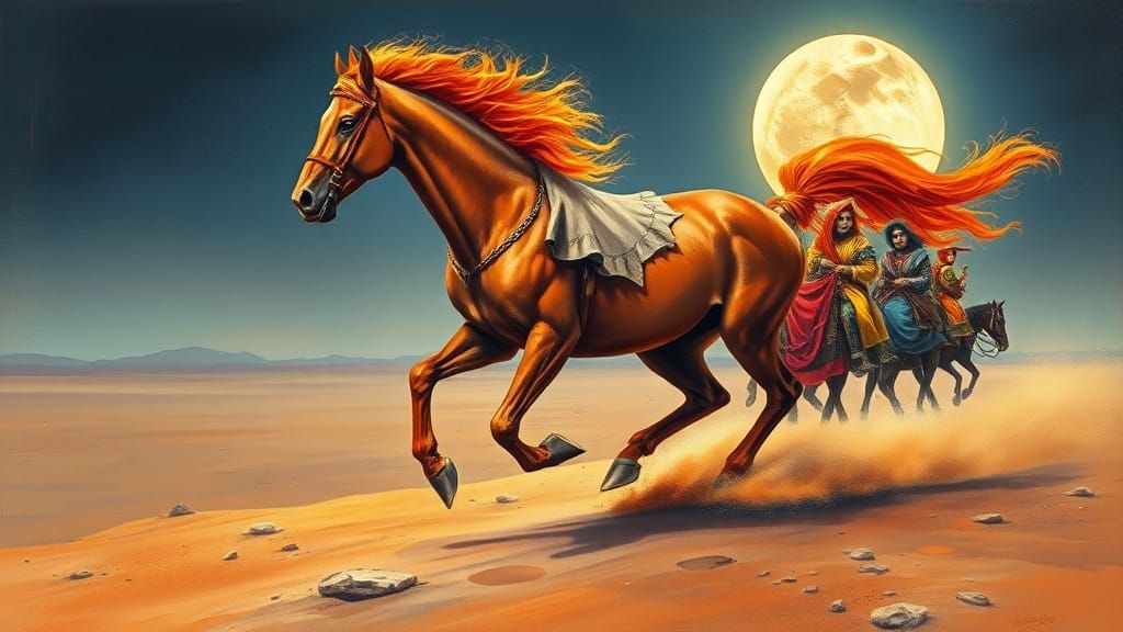 Moonlit Desert Horse and Gypsies in Watercolor Style