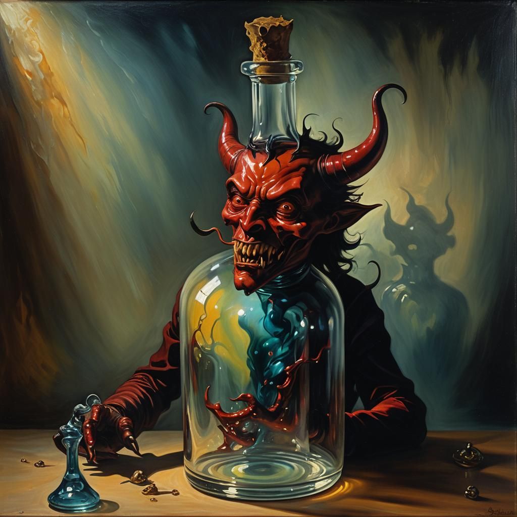 Devil Trapped in Glass Bottle: Surrealist Close-Up