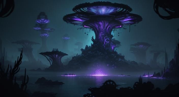 Alien Life in Bioluminescent Underwater City, Dark Fantasy S...