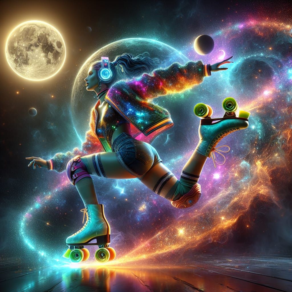 Celestial Roller Skater Defies Gravity in Neon Galaxy